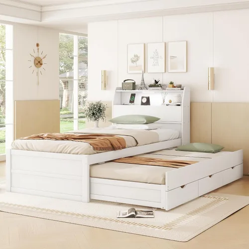 Vista 33 de VilroCaz Cama de plataforma multifunción tamaño twin con escritorio y estante de almacenamiento al final de la cama, marco de cama de plataforma