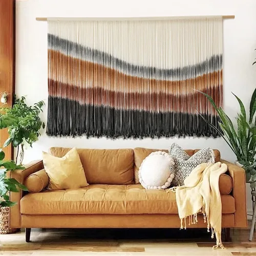 Vista 20 de macramé para colgar en la pared, teñido de inmersión, puesta de sol, decoración de pared, arte de fibra de 57 pulgadas de ancho x 35