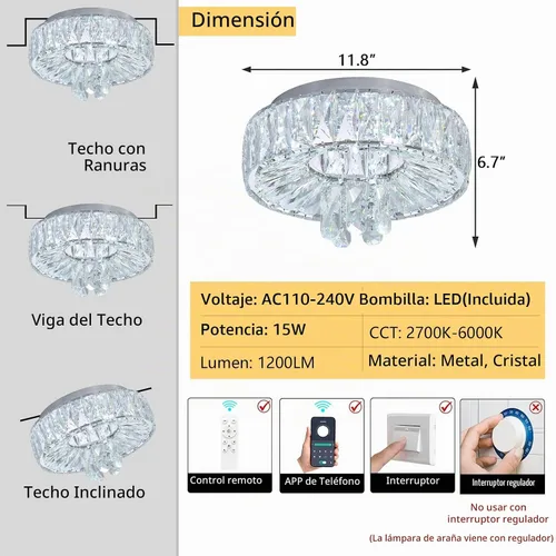 Vista 2 de Mini Candelabro Moderno Candelabros de Cristal para Pasillo Lámpara LED de Montaje al Ras del Techo Luz Regulable para Comedor Sala de Estar