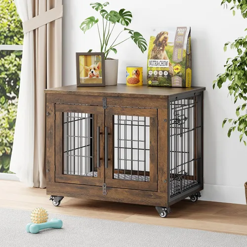 Vista 19 de YaFiti Mueble de jaula para perros con cojín, perrera de madera para interiores con puertas dobles, jaula para perros con ruedas, mesa auxiliar