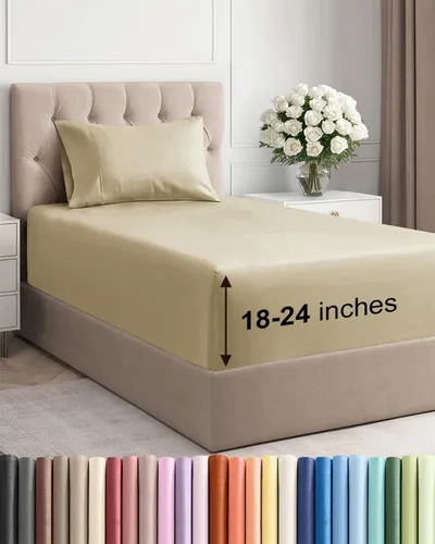 Vista 124 de Sábanas individuales de bolsillo extra profundo, sábanas transpirables y refrescantes de 3 piezas, juego de sábanas de lujo para hotel, suaves, sin