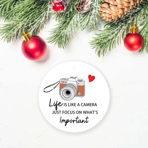 Vista 2 de Adornos de cámara para árbol de Navidad, decoraciones inspiradoras de Navidad motivacionales, bonitos adornos de cerámica divertidos para fotógrafos