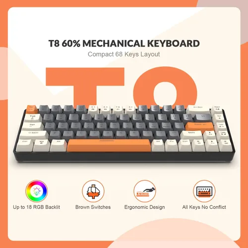 Vista 2 de T8 - Teclado mecánico 60% para juegos, mini teclado TKL de diseño compacto de 68 teclas, retroiluminación RGB de 18 cromas, interruptor marrón