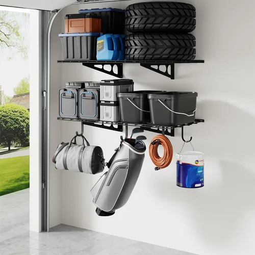Vista 17 de FLEXIMOUNTS Paquete de 2 Estante de Pared de Garaje de 1x4 pies 12 pulgadas por 48 pulgadas Rack de Almacenamiento de Garaje Estantes Flotantes Negro