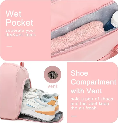 Vista 5 de Bolsa de viaje deportiva para gimnasio para hombres y mujeres con compartimento para zapatos, bolsillo húmedo, Rosa (Pure Pink), Bolsa de gimnasio