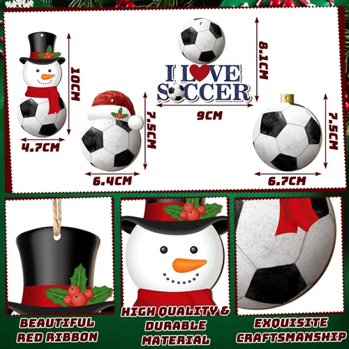 Vista 3 de Karenhi 24 adornos de pelota de fútbol de Navidad, adorno de muñeco de nieve de fútbol, bola de madera, adornos de árbol de Navidad, recortes