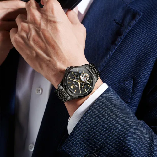 Vista 2 de OLEVS Relojes automáticos para hombre, de lujo, esqueleto multifuncional, reloj mecánico de cuerda automática, fecha, impermeable, luminoso, reloj