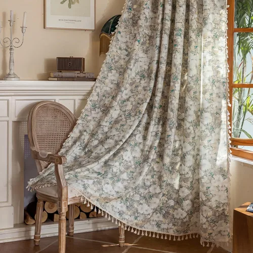 Vista 13 de BHUSB Cortinas rústicas para sala de estar de 63 pulgadas de largo, cortinas de ventana de lino y algodón con estampado floral bohemio, cortinas