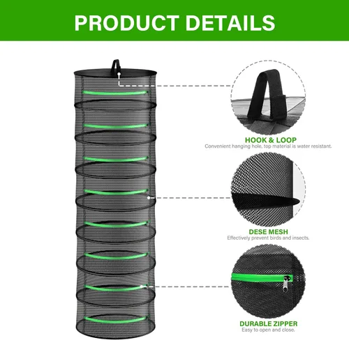 Vista 2 de iPower Estante plegable de malla de hierbas de 2 pies y 8 capas con cremalleras, red de secado para colgar, anillo resistente para plantas