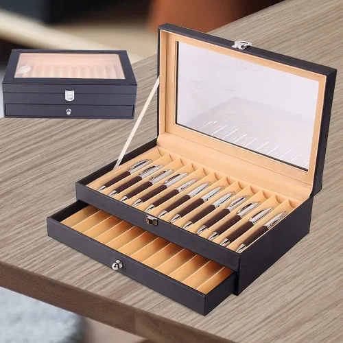 Vista 6 de Caja de exhibición de 24 plumas estilográficas, caja organizadora de bolígrafos de franela de cuero, caja de almacenamiento de cristal con tapa, 12