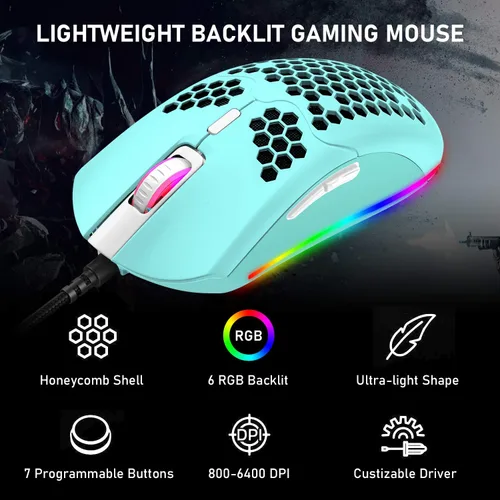 Vista 4 de ZIYOU LANG Ratón ligero con cable para juegos, 6 RGB retroiluminado con 7 botones programables, mouse de computadora de 6400 DPI, cable ultra ligero