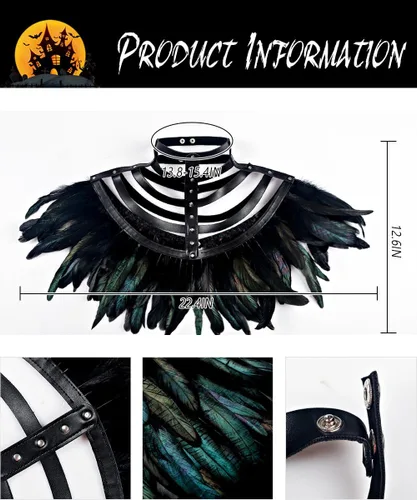 Vista 4 de L'VOW Real Negro Pluma Arnés Collar Collar Collar Babero Halloween