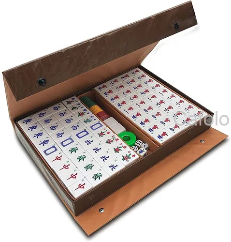 Vista 5 de Mahjong chino XL 144 azulejos acrílicos numerados de 1.5 pulgadas, azulejos brillantes dorados grandes con estuche de viaje Pro Complete Mahjong