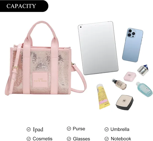 Vista 4 de JQAliMOVV The Tote Bag para mujer, bolso de mano de cuero brillante, bolso cruzado de moda con asa superior para viajes de trabajo