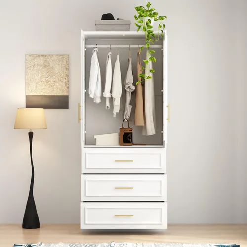 Vista 4 de WOODTIME Armario con barra para colgar, 3 cajones enmarcados y 2 puertas de cristal, armario de madera moderno, organizador de armario
