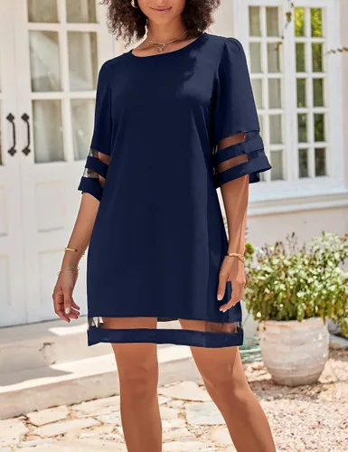 Vista 5 de LookbookStore - Vestido estilo túnica holgado con mangas 34 acampanadas con panel de malla, cuello redondo, para mujer