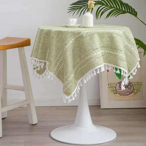 Vista 11 de Mantel Redondo Pequeño de Lino Rústico para Mesita de Noche con Rayas Bordadas Lavable Azul Cubierta de Mesa Estilo Granja con Puntadas y Borlas
