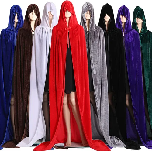 Vista 9 de Capa con capucha unisex, capa de terciopelo larga para Halloween, bruja, mago, vampiro, cosplay, accesorios de fiesta