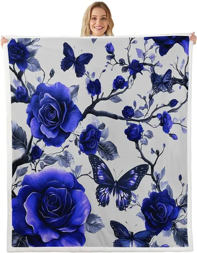 Vista 15 de Manta de franela azul rosa para todas las estaciones, manta de cama gótica de mariposa para decoración del hogar kawaii, manta rústica con flores