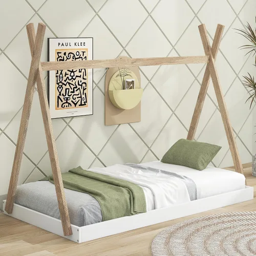 Vista 7 de Cama de madera con dosel de casa de tamaño individual con valla triangular, base de cama individual para dormitorio, niños, niñas, adolescentes