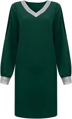 Vista 5 de INGWHW Vestidos de mujer de color sólido con costuras de lentejuelas con cuello en V y manga de hombros descubiertos, vestido casual, S-3XL