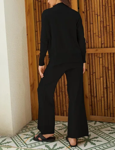 Vista 5 de Conjunto de 2 piezas para mujer, sudadera con cuello alto falso, pantalones de pierna ancha, conjuntos de ropa de descanso