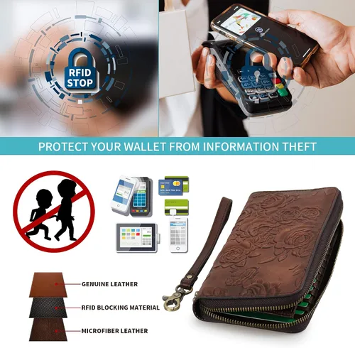 Vista 6 de Cartera de cuero con bloqueo RFID para mujer, de gran capacidad, con correa de mano desmontable
