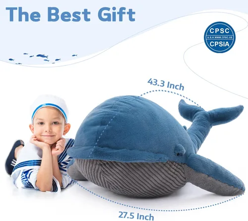Vista 3 de MaoGoLan Ballena de Peluche Rellena de 43 pulgadas, Almohada Grande de Peluche Ballena Azul de 4 pies, Juguete de Ballena Jorobada para Niños