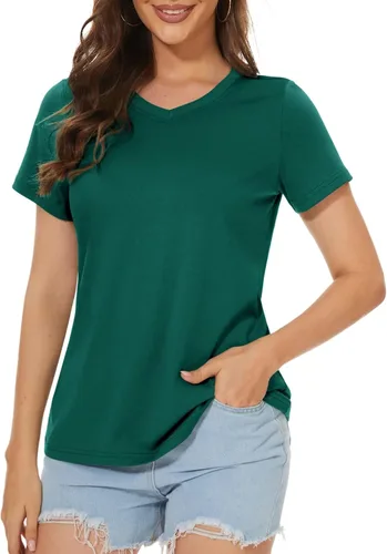 Vista 2 de MAGCOMSEN Women's Short-Sleeve V-Neck Cotton T-Shirt Classic-Fit Casual Shirt Breathable Tee Summer Basic Tops