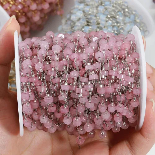 Vista 3 de GIOTEL Cadena de cuentas de piedra natural de acero inoxidable de 3.3 ft para pulseras hechas a mano, collares, collares, materiales de fabricación