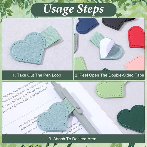Vista 4 de 8 soportes de cuero con forma de corazón para bolígrafo, soportes autoadhesivos para lápices, para cuaderno, lazo elástico para calendarios
