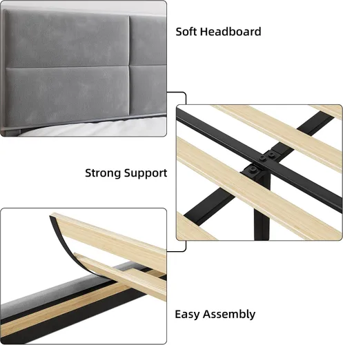 Vista 6 de Base de cama tamaño matrimonial, base de cama con cabecera cuadrada de terciopelo, soporte de listones de madera, antideslizante y sin ruido,