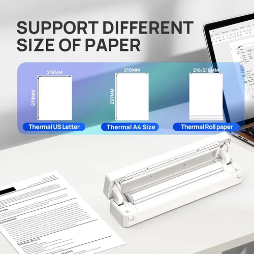 Vista 4 de Impresora portátil inalámbrica D830 para viajes, soporta papel térmico de 8.5 x 11 pulgadas, Bluetooth compatible con iOS, Android, laptop, beige