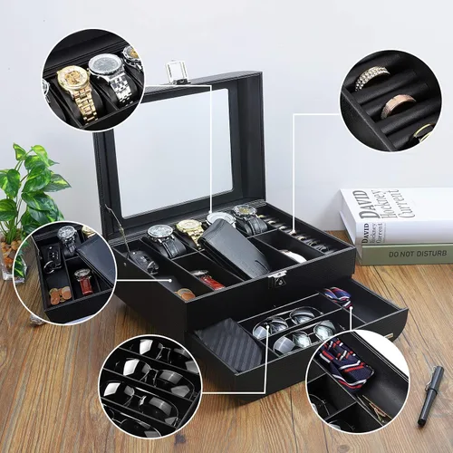 Vista 3 de Homde Caja de reloj con diseño de arco de fibra de carbono, organizador de joyas de lujo con cajón, parte superior de cristal y cerradura