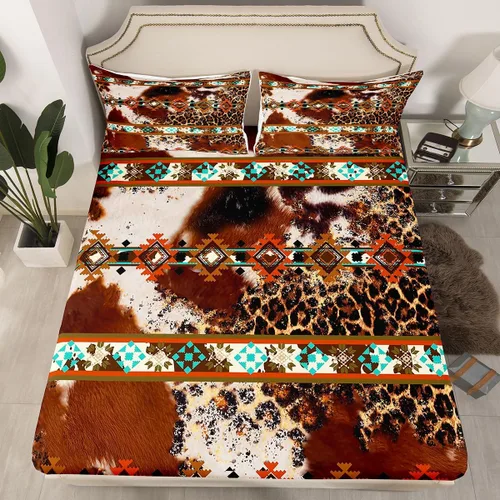 Vista 34 de Juego de ropa de cama de estilo bohemio occidental, tamaño individual, diseño de vaca atrapasueños, sábana bajera ajustable del suroeste, tribu