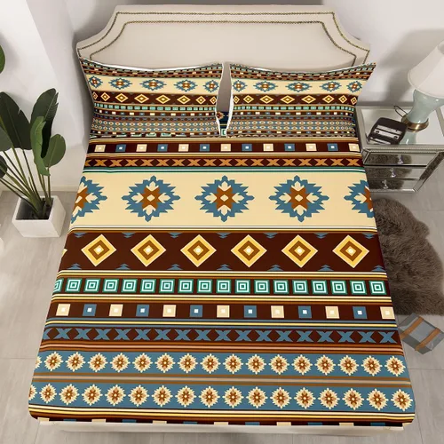 Vista 19 de Juego de sábanas bajeras de diseño nativo americano del suroeste para niños, niñas y adolescentes, juego de ropa de cama tribal para niños, niñas