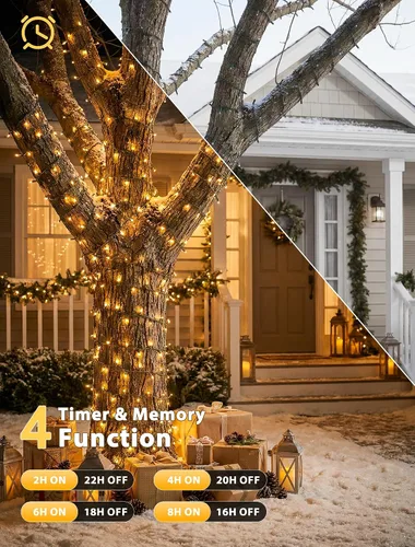 Vista 5 de Hopolon Guirnalda de luces para interiores y exteriores, 33 pies, 100 luces LED de Navidad con control remoto, cable verde conectable, luces