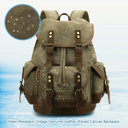 Vista 6 de HuaChen mochila vintage de lona y cuero mochila espaciosa y duradera para hombres y mujeres, perfecta para viajes y vida universitaria, Grande