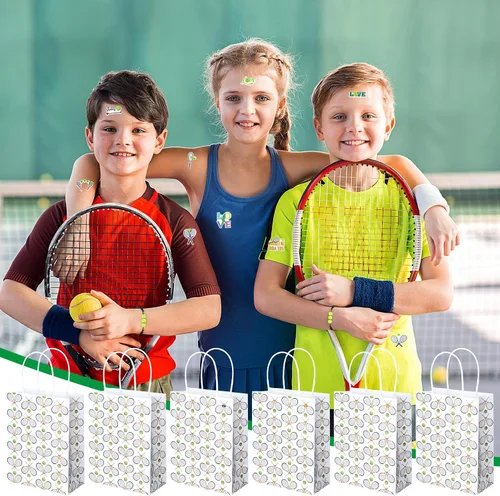 Vista 7 de Huquary 98 piezas de recuerdos de fiesta de tenis, decoraciones de fiesta de tenis, incluye 50 calcomanías, 12 mini llaveros de raqueta, 12 pulseras