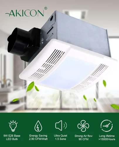 Vista 3 de Akicon Extractor de baño, ultra silencioso de 90 CFM 1.5 Sones Ventilación LED con luz (bombilla LED base E26 de 12 W incluida)