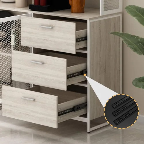 Vista 7 de AGOTENI Armario grande de cocina, armario de almacenamiento con 3 puertas de metal, 3 cajones y estante para microondas, para almacenamiento abierto