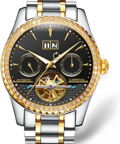 Vista 10 de Carnival Relojes automáticos impermeables automáticos de oro completo de zafiro con calendario multifunción para hombre tourbillon Dorado (Full Gold)