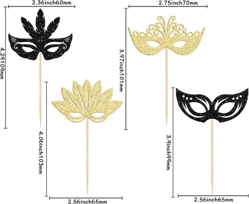 Vista 2 de 24 máscaras de mascarada, adornos para cupcakes, color negro y dorado con purpurina para despedida de soltera, para fiestas de cumpleaños, fiestas