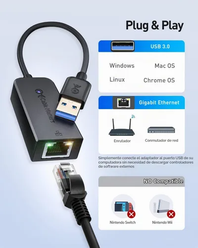 Vista 3 de Cable Matters Adaptador USB a Ethernet, red Gigabit USB 3.0
