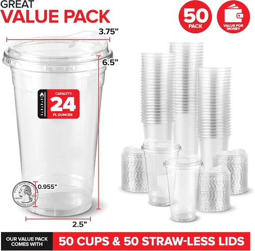 Vista 2 de Vasos de plástico transparente de 24 onzas con tapas desechables, taza Togo con tapa para sorber sin popote para batidos, café helado, limonada