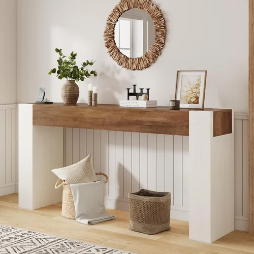 Vista 3 de 63-Inch Farmhouse Console Sofa Table with Power Outlets & LED Lights