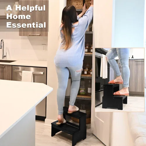Vista 2 de StrongTek Taburete de bambú de dos escalones para adultos y niños, taburete de cama con parte inferior antideslizante, resistente para cocina, baño