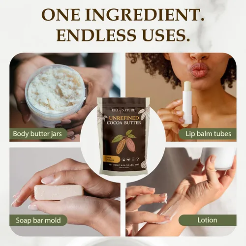 Vista 6 de Era of Nature Manteca de Cacao Cruda – 100% Pura y Sin Refinar, Cacao Prensado en Frío – Para Cuidado de la Piel y del Cabello DIY – Hidratación