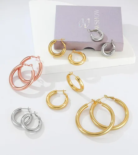 Vista 5 de wowshow Aretes de aro gruesos Howllow chapados en oro de 14 quilates para mujer