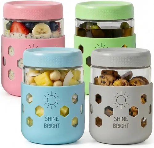 Vista 9 de Paquete de 4 tazas de yogur para parfait con tapas reutilizables, recipientes de plástico de 20 onzas para avena para llevar con compartimento